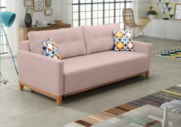 ADRIANA, sofa różowa z kontrastowymi małymi poduszkami i bokami. Rozkładana