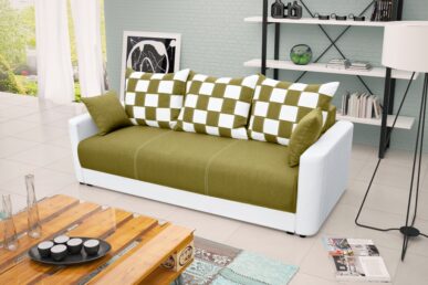 XAVIER sofa zielona z funkcja spania i pojemnikiem na pościel.